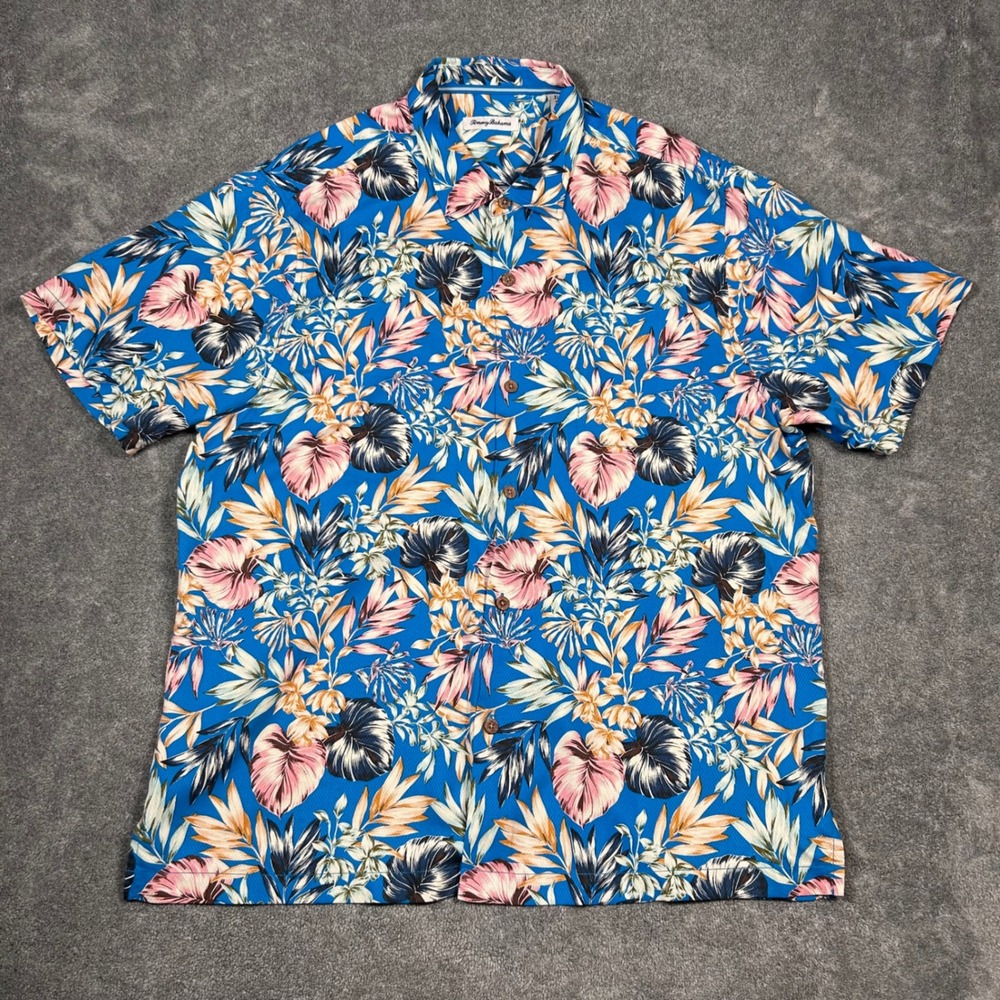 Tommy Bahama Mens XL Blue Pink Tropical Silk Button Down Camp Shirt Floral Leaf